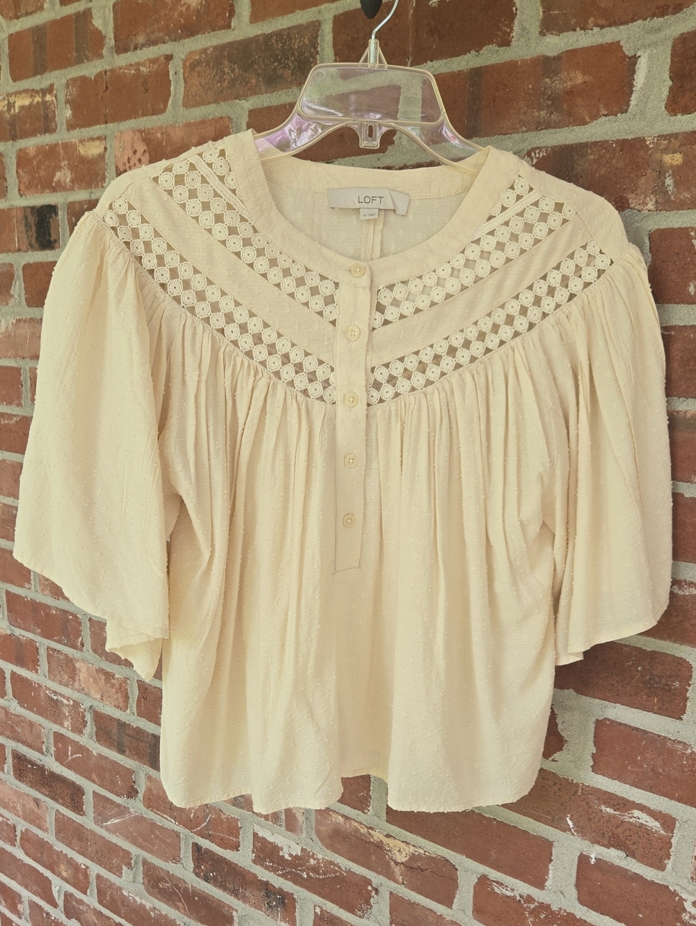 LOFT Cream Crochet-Yoke Button Front Blouse